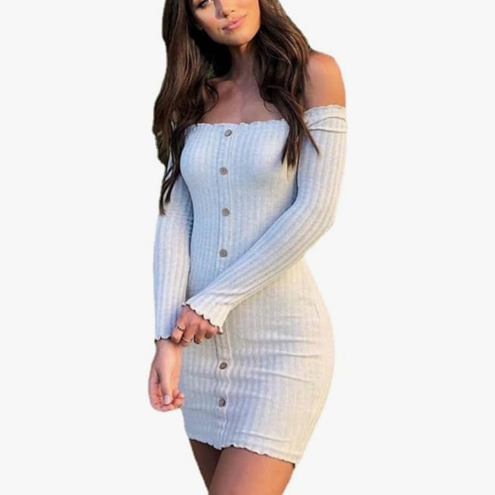 Off-Shoulder Ribbed Button Dress Y2K Knit Bodycon Mini Aesthetic Party Short